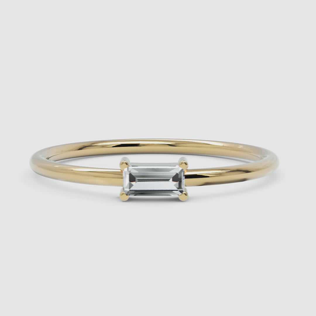 A rotating 360-degree view of a baguette diamond ring, displaying its brilliance from every angle.
