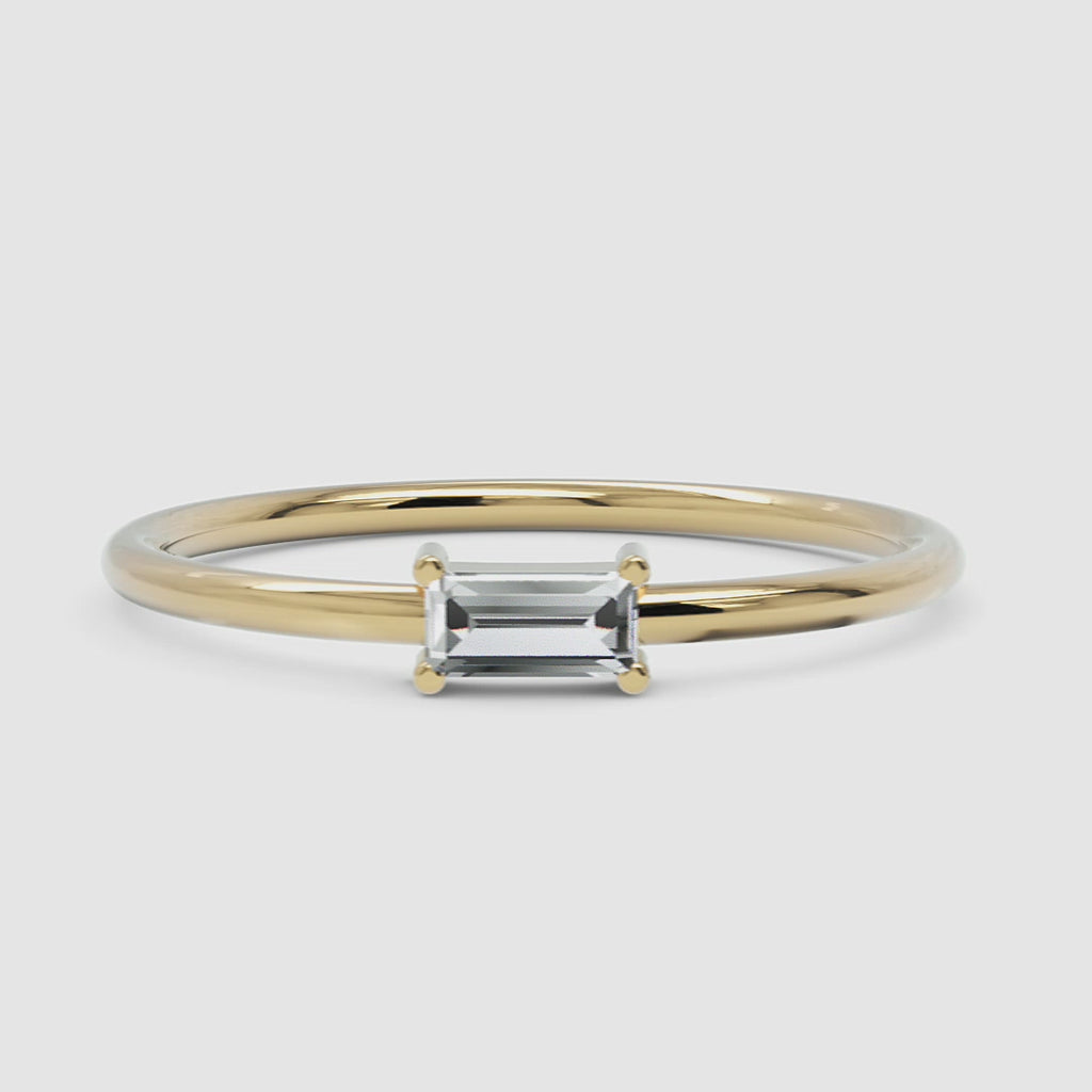 A rotating 360-degree view of a baguette diamond ring, displaying its brilliance from every angle.

