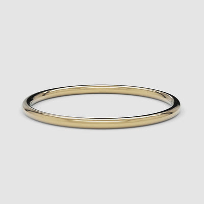 A 360-degree video of a 14k yellow gold thin band, smoothly rotating to reveal its polished, delicate design from every angle.
